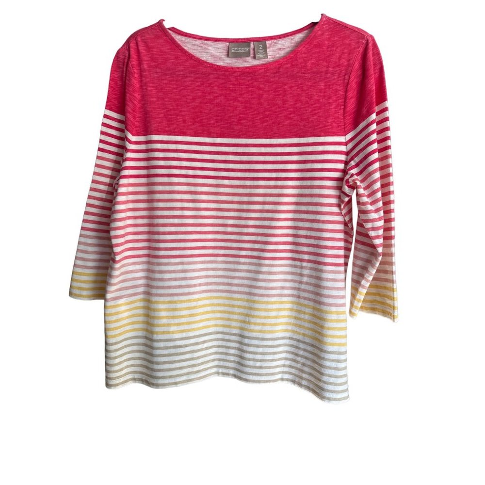 Chico’s size 2(L) rainbow stripe 3/4 sleeve cotton boat neck top